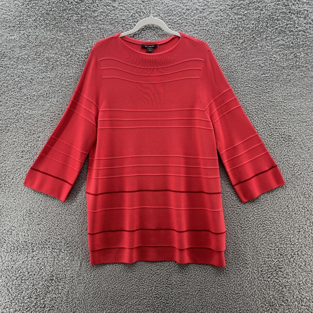 St John Sweater Womens Large Orange Red Knit Bell Sleeve Classic Tunic